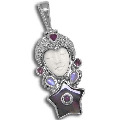Goddess Pendant with Black Mother of Pearl Star, Ruby, Pink Tourmaline & Rainbow Moonstone